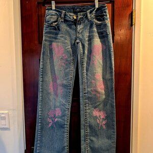 Sister Nettle Pink Floral Block Print Light/Med Wash Slightly Distressed Jeans